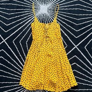 Yellow Mini Summer Dress Black Flowers Tie Front Zip Back Forever 21 Medium
